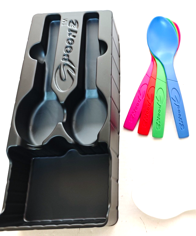 Spoonz tray with four colored spoons in red, blue, green, and magenta
