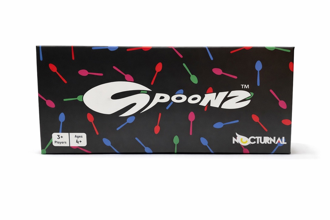 Spoonz box, front view — black with confetti spoon pattern